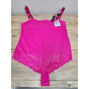Curvycouture Swiss Dot & Lace Thong Bodysuit Womens M Glam Berry